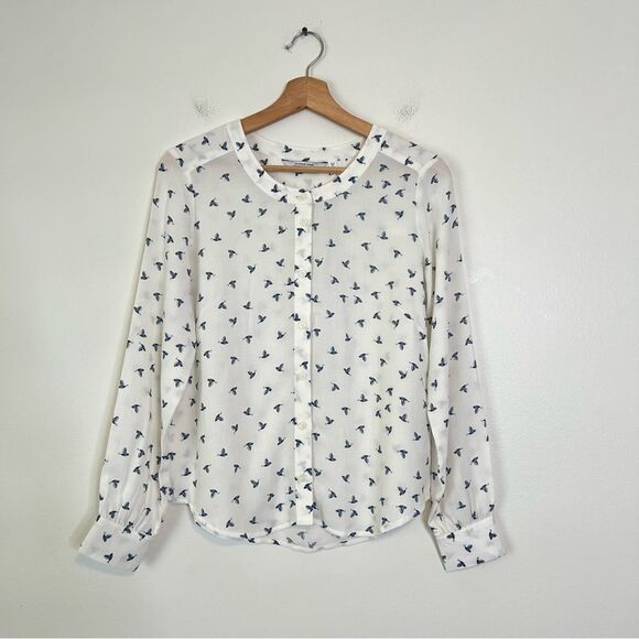 & Other Stories Bird Print Long Sleeve Button Up Shirt Blouse Size 4 in White - Picture 3 of 9